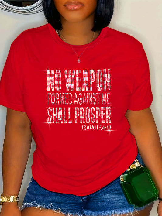 Women's Plus Size Inspirational Rhinestone T-Shirt - "No Weapon Formed Against Me Shall Prosper" (Isaiah 54:17) - Casual Crew Neck Short Sleeve Tee, Black with White Lettering, Glittery Design, Spring/Summer Fashion, Ladies T