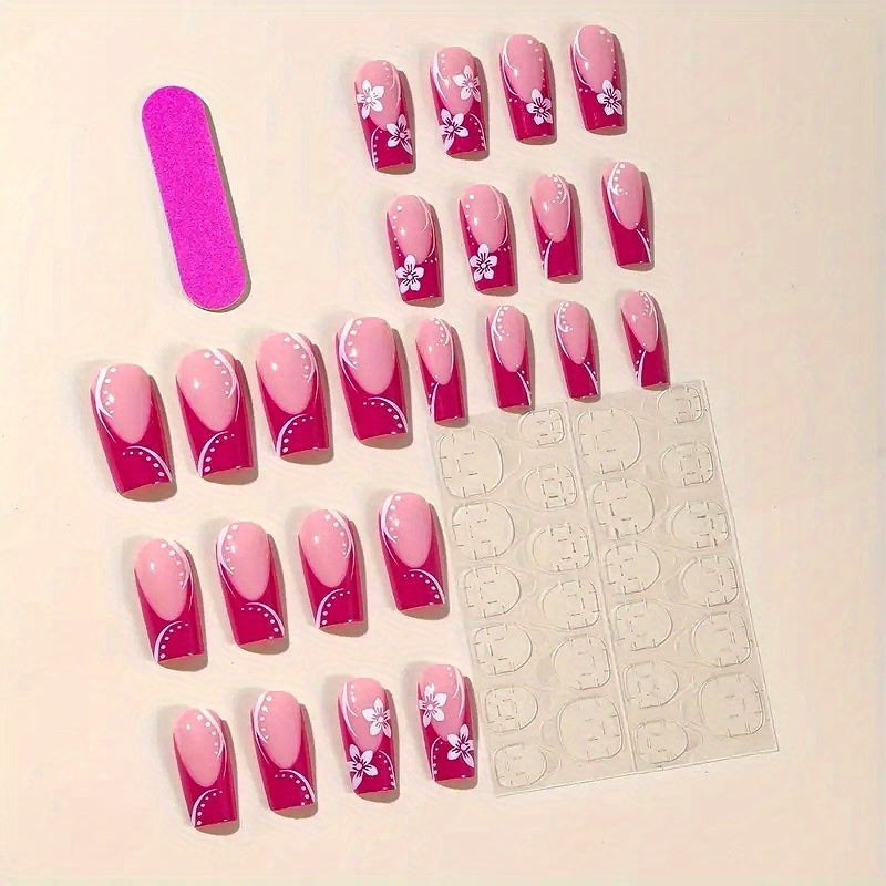 24pcs Rose Red Medium Square Press-On Nails with French Tips and Floral Design, Includes Jelly Glue and Nail File, for Women and Holiday and Daily Wear