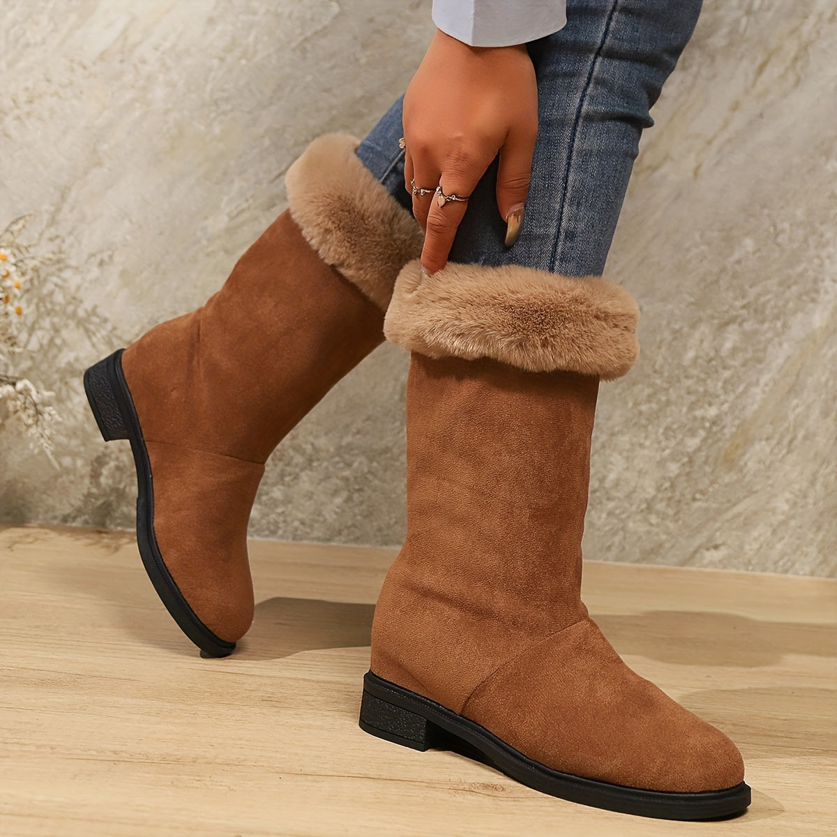 Ladies' Fashion Classic Plush Women'S Boots | Soft Touch, Winter Warm Comfort, Slip-on, Platform Heel, Mid Heel Height