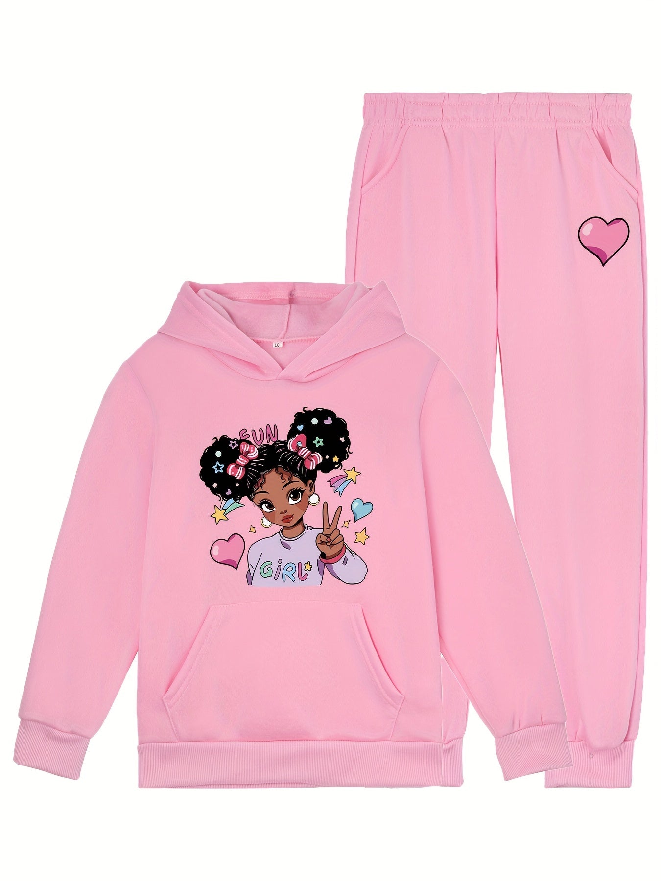 Fashion Cartoon Girl Pattern Print Autumn and Winter Girls' Long Pants Set Casual Hooded Sweatshirt + Joggers 2pcs, Perfect for Outdoor, Casual Attire, Cozy Outfit, Casual Wear, Trendy Design, Durable Material, Long Sleeve To