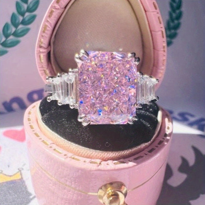 1pc Elegant Pink Cubic Synthetic Zirconia Women'S Ring - Bohemian Style Jewelry with Square Bezel Setting & -Accented Band, Pink & Clear Halo, Durable Synthetic Gemstone for Casual Attire, Valentine'S Day Gift, Anniversary, B