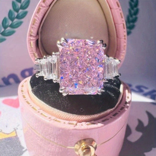 1pc Elegant Pink Cubic Synthetic Zirconia Women'S Ring - Bohemian Style Jewelry with Square Bezel Setting & -Accented Band, Pink & Clear Halo, Durable Synthetic Gemstone for Casual Attire, Valentine'S Day Gift, Anniversary, B