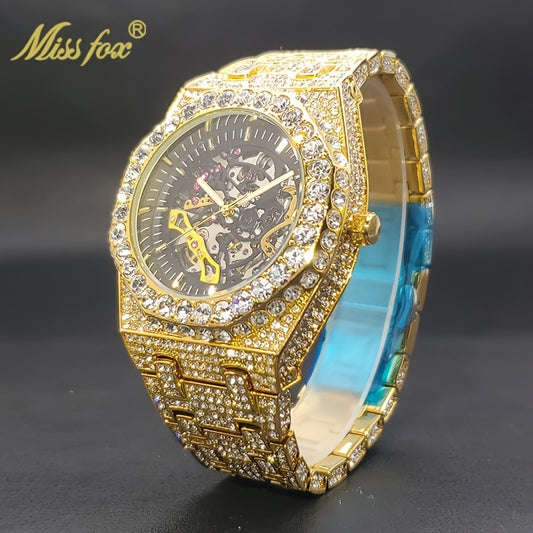 MISS FOX Men'S Luxury Golden Rhinestone Wrist Watch - Hip-Hop Ice Automatic Mechanical Movement, Round Analog Display with Glitter Embellishments, Zinc Alloy Band, Fashionable Large Dial Timepiece for Parties & Formal Events,