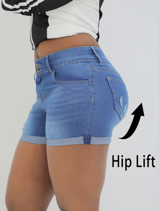 Medium blue jean shorts for women, comfortable stretchy fabric, stylish ripped double button design, angled pocket, machine washable, summer must-have