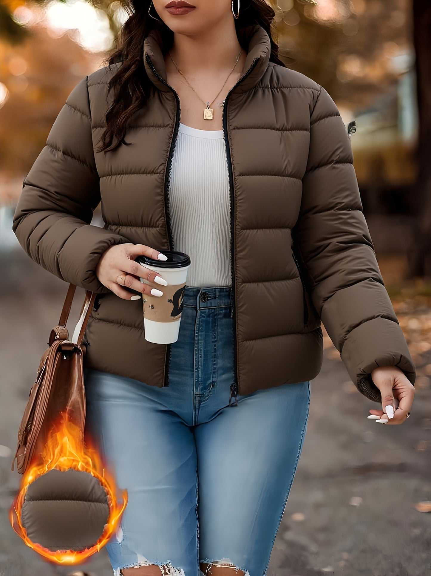 Women's Elegant Winter Warm Full-Zip Jacket with Full-Zip Front Closure, A-Line Silhouette & Stand Collar - Beige/White Coat with Full-Length Zipper, Machine Washable Outerwear for Casual & Formal Events - Cozy Winter Outer J