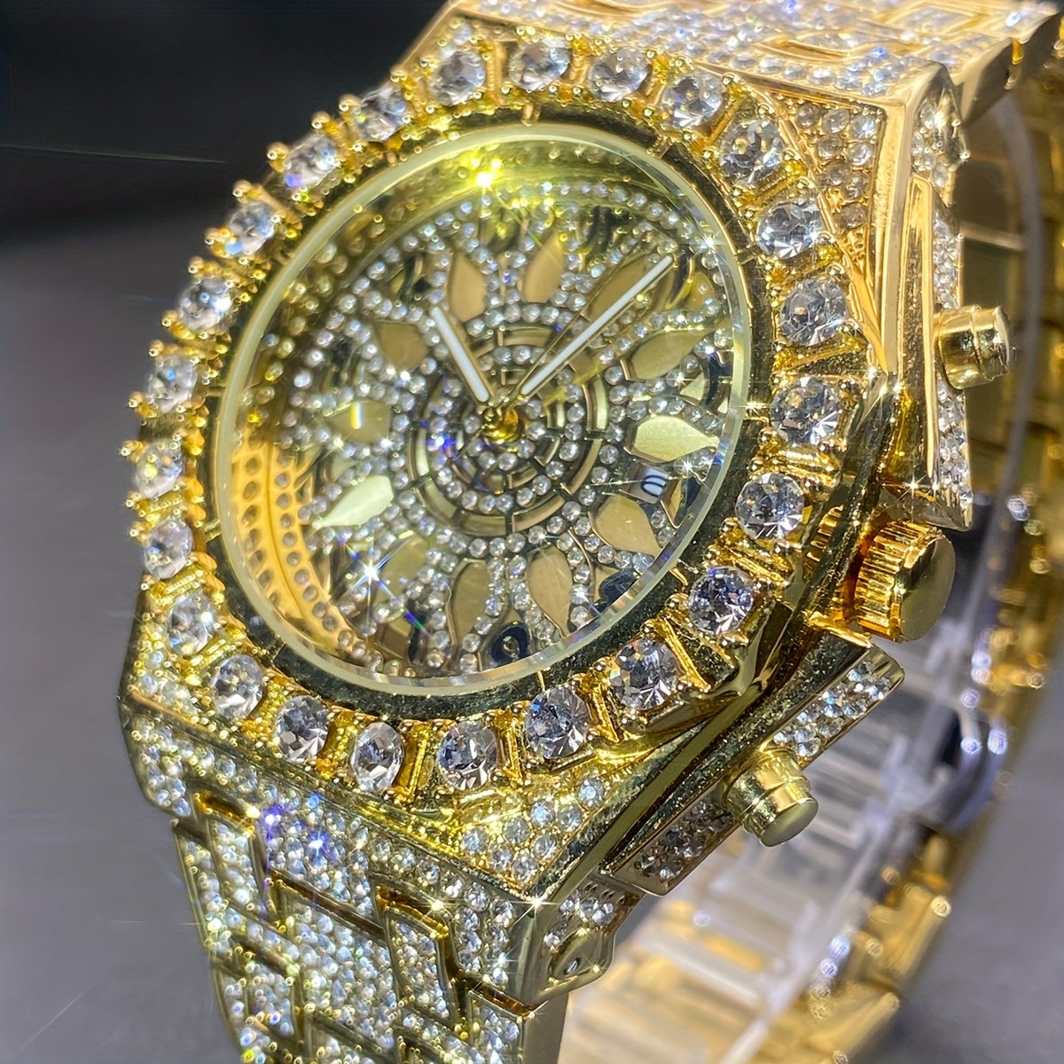 MISS FOX Men'S Luxury Golden-Tone Rhinestone-Encrusted Dual-Layer Openwork Dial Quartz Watch with Luminous Hands & Date Calendar - Party & Casual Elegant Watch for Festive Occasions, Festive Watch | Rhinestone Embellished | I