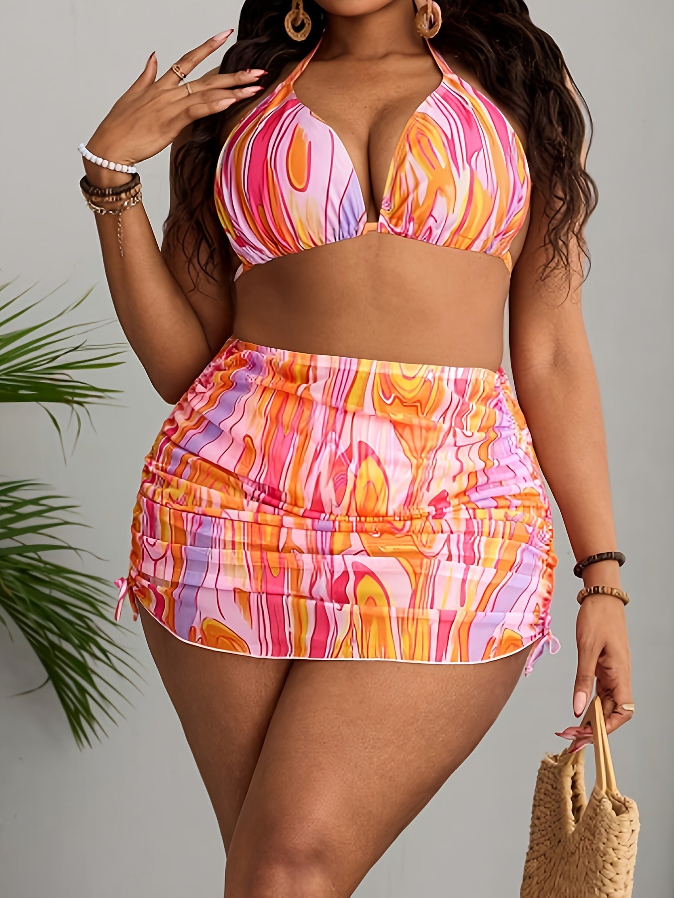 Plus Size Tie Dye Printed Top And Triangle Bottom Skirt Set Swimsuit