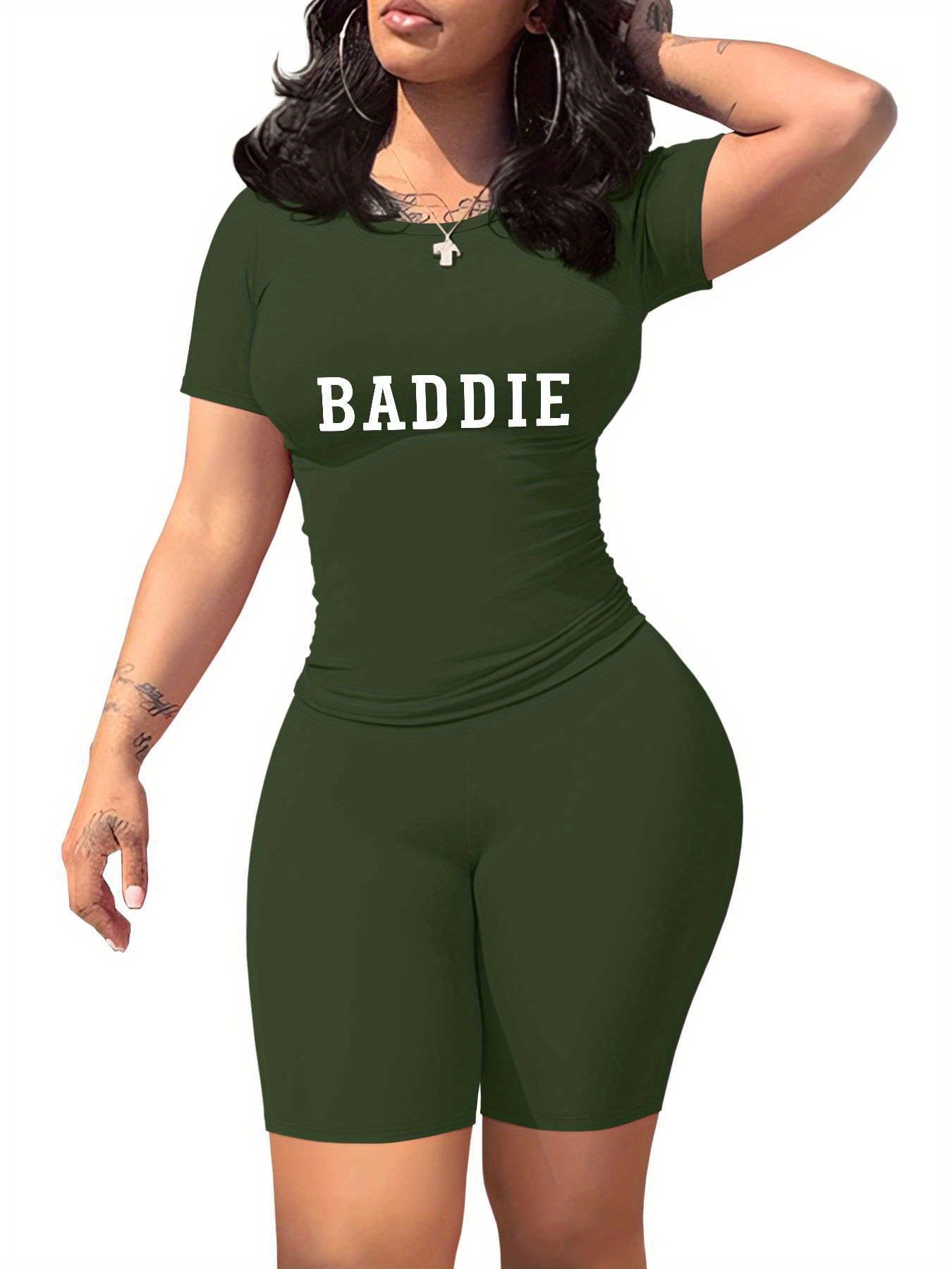 Baddie Women'S SlimFit TShirt and Shorts Set, Premium Baddie Lettering Print, Durable Baddie Graphic Design, Casual Baddie Style Fashion with Soft Fabric, Comfortable and LongLasting Baddie Trend., Allseason Apparel, Trendy O