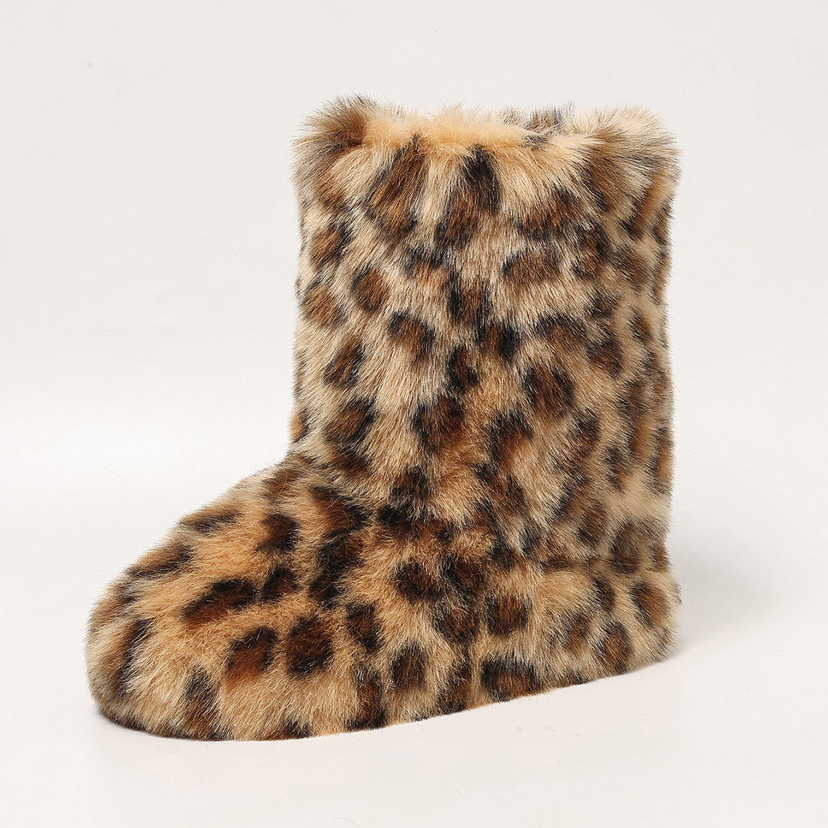 Kpop Winter Boots with Thick Sole & Leopard Print - Faux Fur Warm Round-Toe Slippers | Y2K Stage Outfits, Concert Footwear, Rubber Outsole for K-Drama Fashion (Microfiber Upper/ Cushioning)