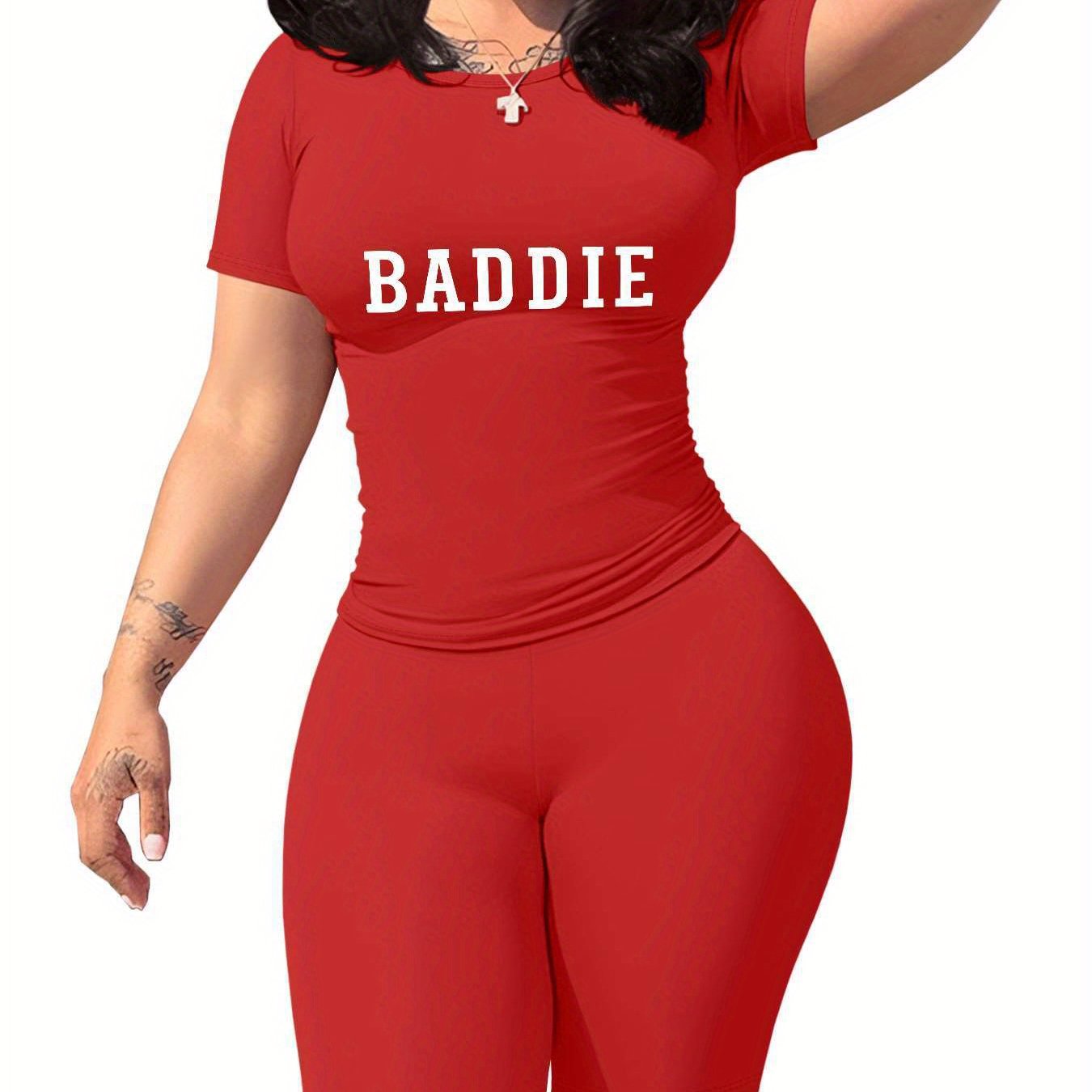Baddie Women'S SlimFit TShirt and Shorts Set, Premium Baddie Lettering Print, Durable Baddie Graphic Design, Casual Baddie Style Fashion with Soft Fabric, Comfortable and LongLasting Baddie Trend., Allseason Apparel, Trendy O
