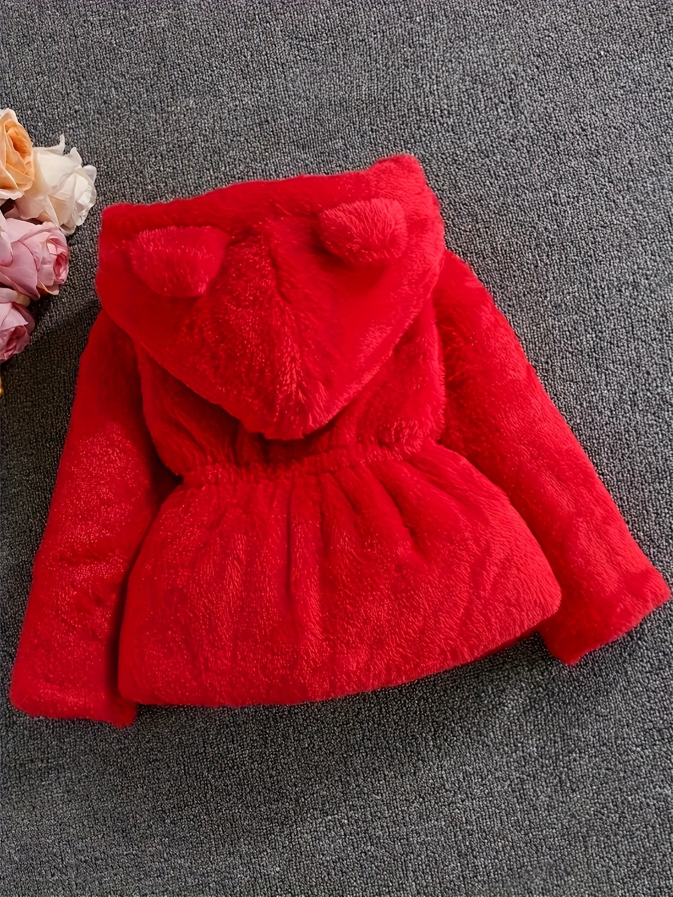 Girls' Cozy Faux Fur Hooded Coat - Warm Zip-Up Winter Jacket with Pockets, Cute Ear Flaps & Plush Trim, Vibrant Red Mid-Length Casual Fall/Winter Outerwear for Youngsters & Toddlers, Autumn Winter Apparel, Playful Design, Sof