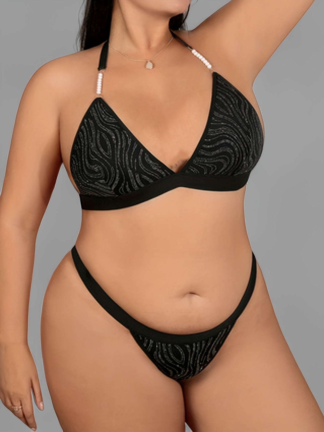 Plus Size Bra And Panty Set With Front Closure, Printed Lace & Low-Cut Sexy Lingerie Set