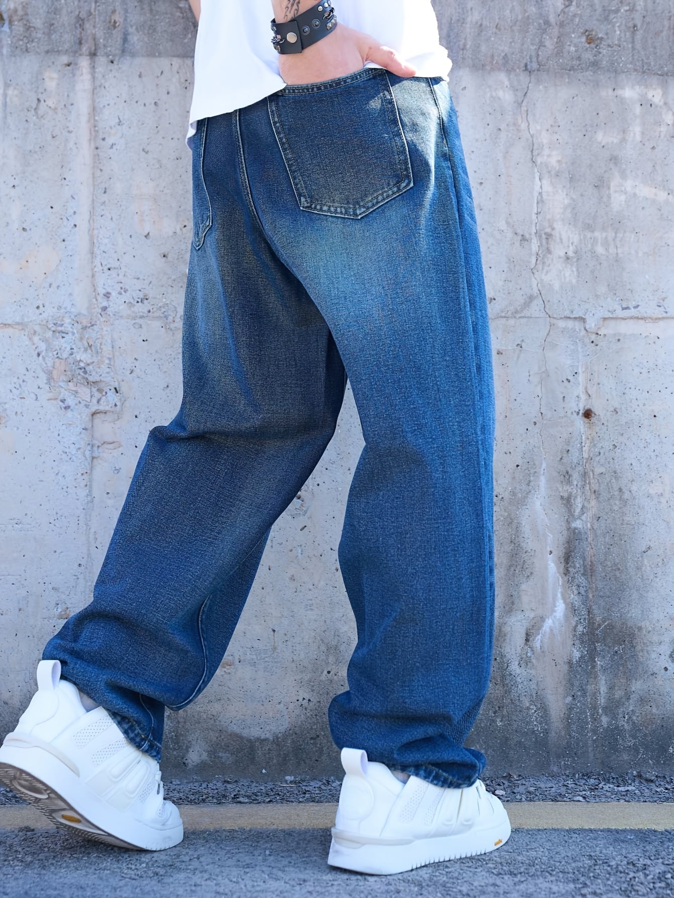 Retro Deep Blue Washed Loose Straight Leg Jeans For Men'S Street Fashion, Simple And Casual Long Pants