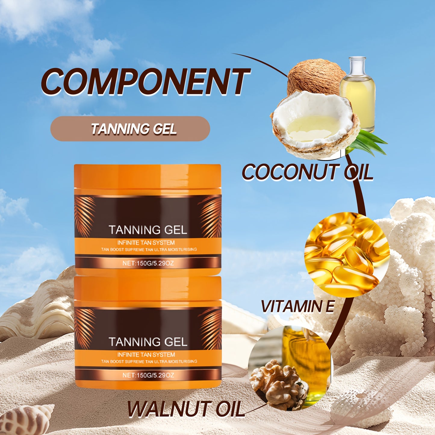 2pcs Dark-Colored Powerful Tanning Gel - Long-Lasting Moisturizing Sunless Tan with Carrot, Coconut & Walnut Oils, Calendula - Alcohol-Free Formula for All Light Beige Types, Rapid Color Development, Hydrating & Safe for Sens