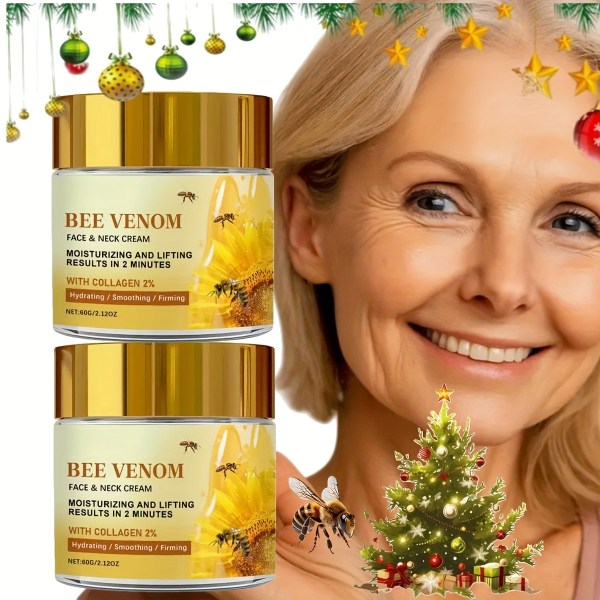 2pcs Instant Firming Bee Venom Face Cream, Tightens Light Beige, Collagen Instant Lifting Face Cream, Firms Fine Lines And Wrinkles, Suitable for All Light Beige Types, Skincare, A Gift for, Perfect Christmas Gift, Collagen B