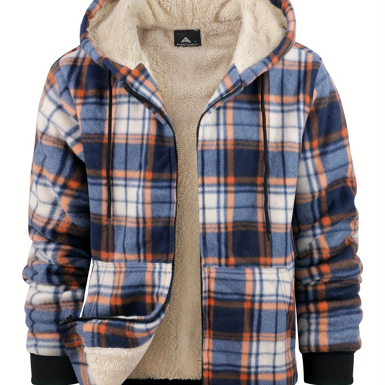 Men's Heavyweight Fleece Hooded Jacket - Full-Zip Sherpa Lining, Thick Winter Coat with Plaid Pattern (Blue/Black/Beige/Brown), Zippered Pockets, Hand Washable, Casual Outerwear for Cold Weather & Everyday Use - Ideal for Ski