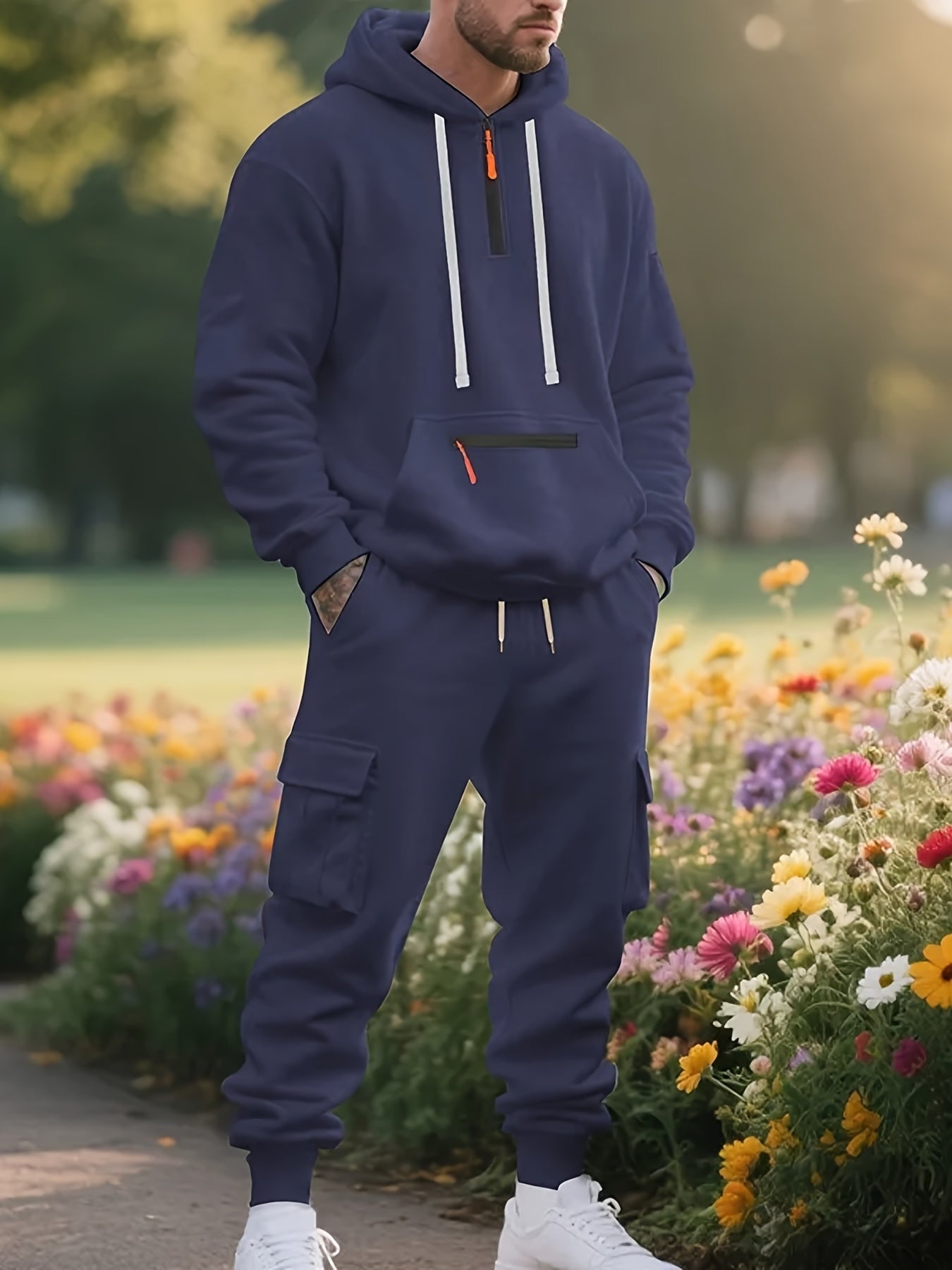 Men'S Style Casual Sportswear Set - Thickened Hooded Sweatshirt & Joggers with Pockets, Long Sleeve, Regular Fit, Solid Color, Button Detail, Fall/Winter Collection