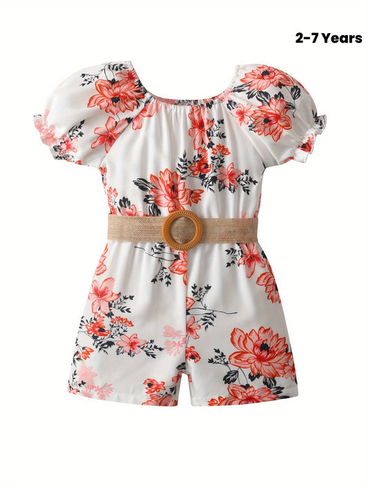 [Floral Romper] Summer Floral Print Girls' Romper Jumpsuit | Puff Sleeve, Lace-Up Belt, Machine Washable, Casual Playwear for 7 Years, Little Girls Clothes, Breathable Fabric