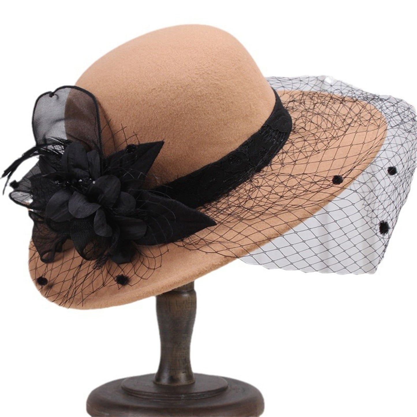 Women's Wide Brim Fedora Hat with Black Lace Veil & Floral Decor - Non- Derby Cap for Church, Bridal Tea Party, Formal Events