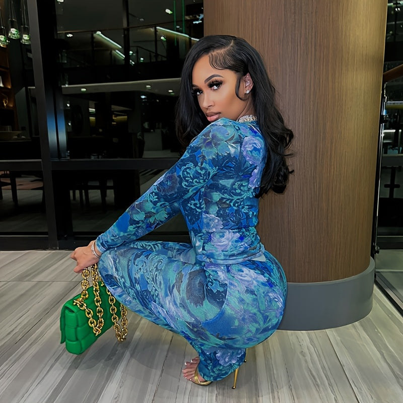 Women Two Piece Set Floral Print See-Through Mesh Long Sleeve Round Neck Top and Pants Set Long Sleeve Round Neck Cropped Top and High Waist Flared Pants Set Y2K Style Suitable for Leisure, Party, Festival