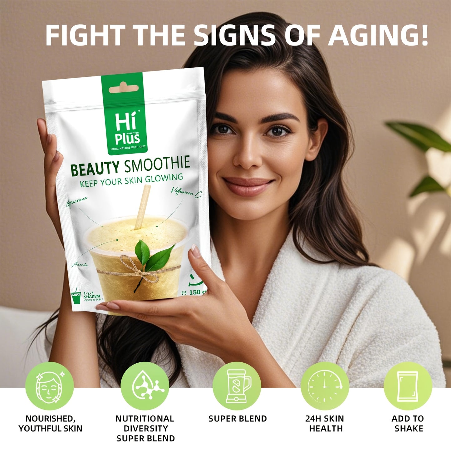 [HiPlus Energy Smoothie] HiPlus Energy Energy Smoothie Powder 5.29 Oz | Multivitamin Mineral With Vitamins A, C, D, E, B12, Zinc, And More | Fresh West Indian Cherries For Baking, Inca Fruit Peas, Collagen For Radiance And Su