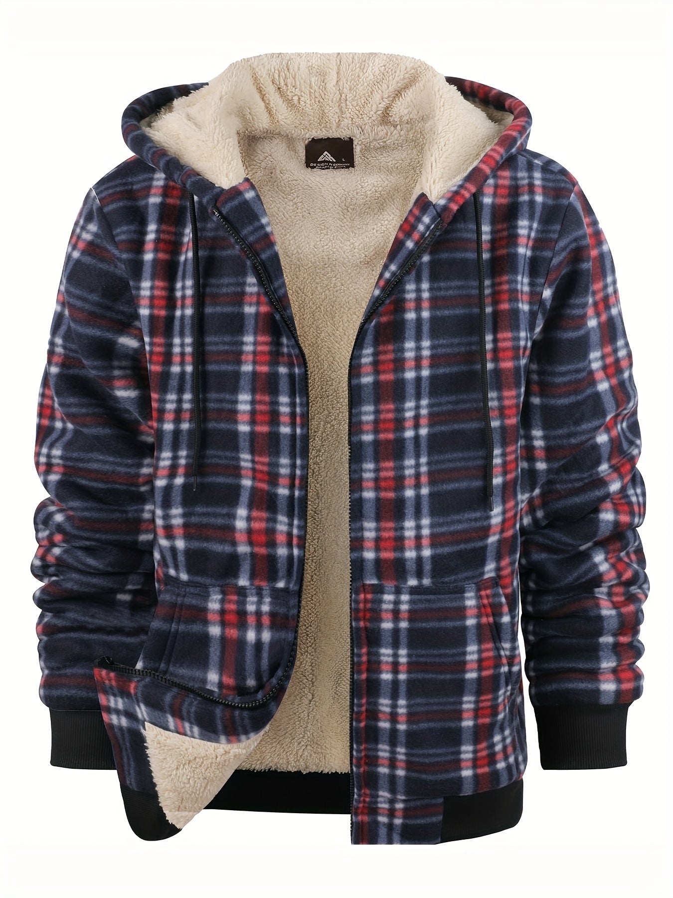 Men's Heavyweight Fleece Hooded Jacket - Full-Zip Sherpa Lining, Thick Winter Coat with Plaid Pattern (Blue/Black/Beige/Brown), Zippered Pockets, Hand Washable, Casual Outerwear for Cold Weather & Everyday Use - Ideal for Ski