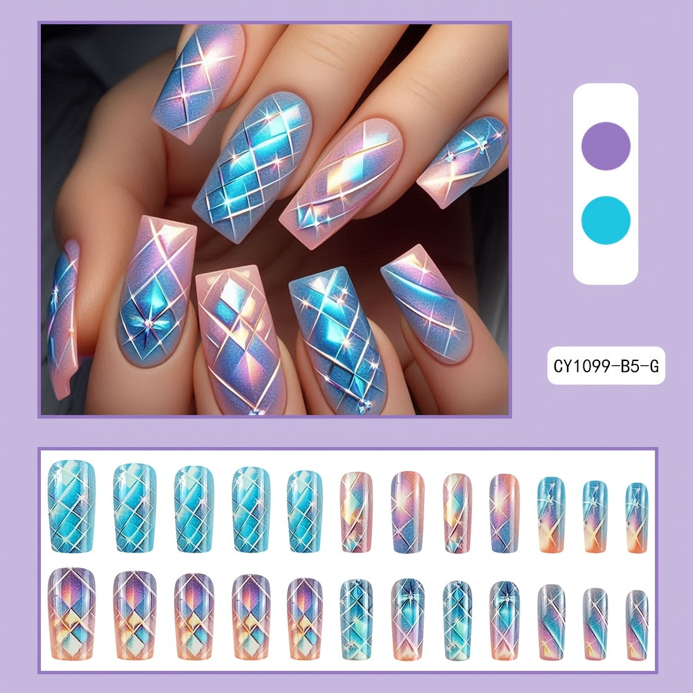 24pcs Glossy Long Coffin Press-On Nails - Pink to Blue Gradient with Stars & Pattern, French Style Reusable Fake Nails for Women and Girls
