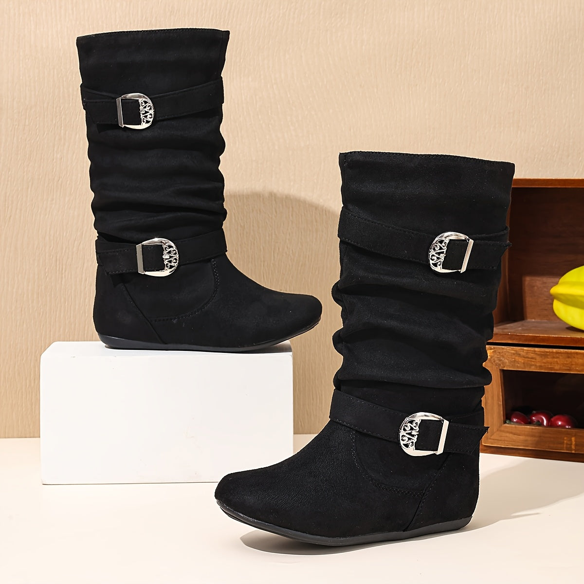 Girls' Pleated Mid-Calf Boots with Fringe & Buckle - All-Season Zipper Closure Round Toe School Shoes, Soft TPR Sole & Fabric, Cute Brown/Black Casual Boots for Kids ( to Teen) - Comfortable Everyday Boots