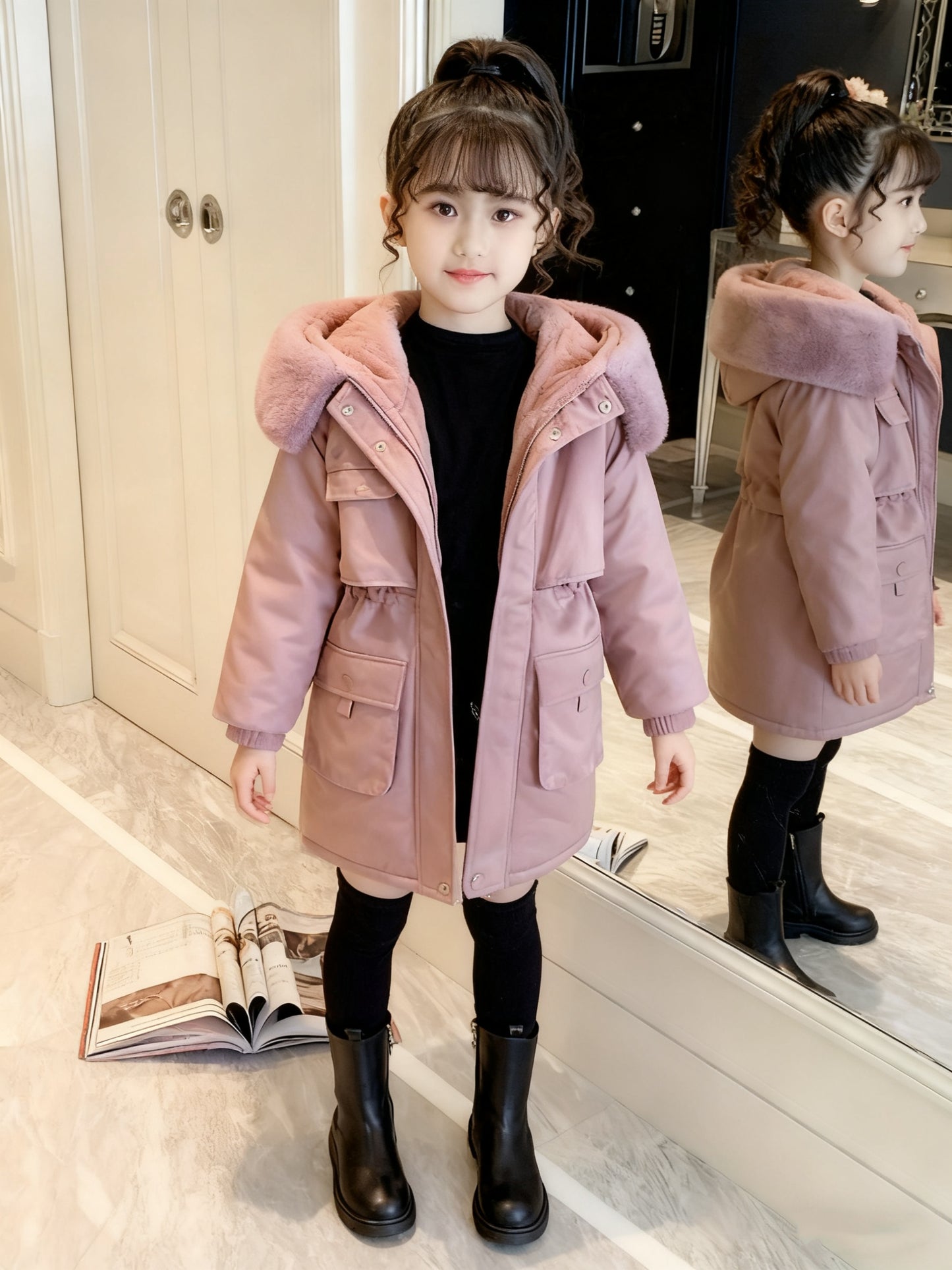 Girls' Winter Parka | 2025 New Fashion Thickened Plush Hooded Midi Coat with Zipper, Suitable for Ages 3-12
