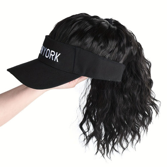 [Adjustable Baseball Cap] 1pc Adjustable Black Baseball Cap - Women's Synthetic Hair Visor Hat with Detachable Ponytail for Outdoor Sports and Fashion
