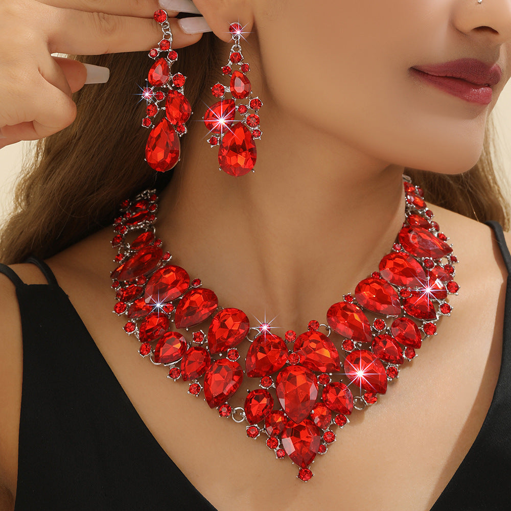 2pcs Bold Red Lab-Created Artificial Crystal Necklace& Earrings Set, Bridal Wedding Jewelry Gift for Women, Statement Anniversary Valentine's Day Accessories for Bride, Luxe Artificial Crystal Bridesmaid Set