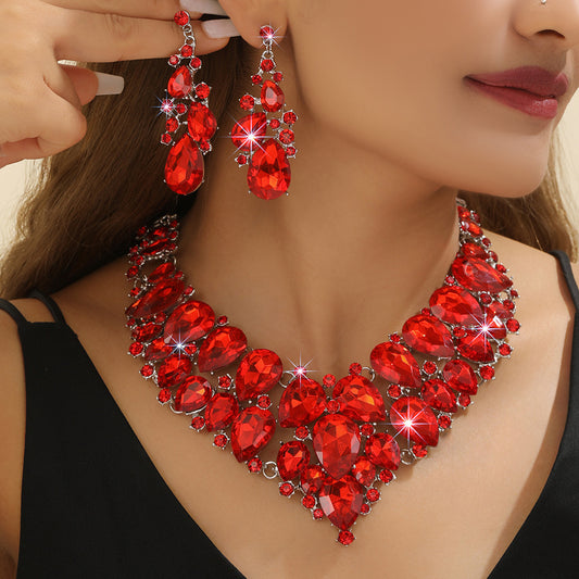 2pcs Bold Red Lab-Created Artificial Crystal Necklace& Earrings Set, Bridal Wedding Jewelry Gift for Women, Statement Anniversary Valentine's Day Accessories for Bride, Luxe Artificial Crystal Bridesmaid Set