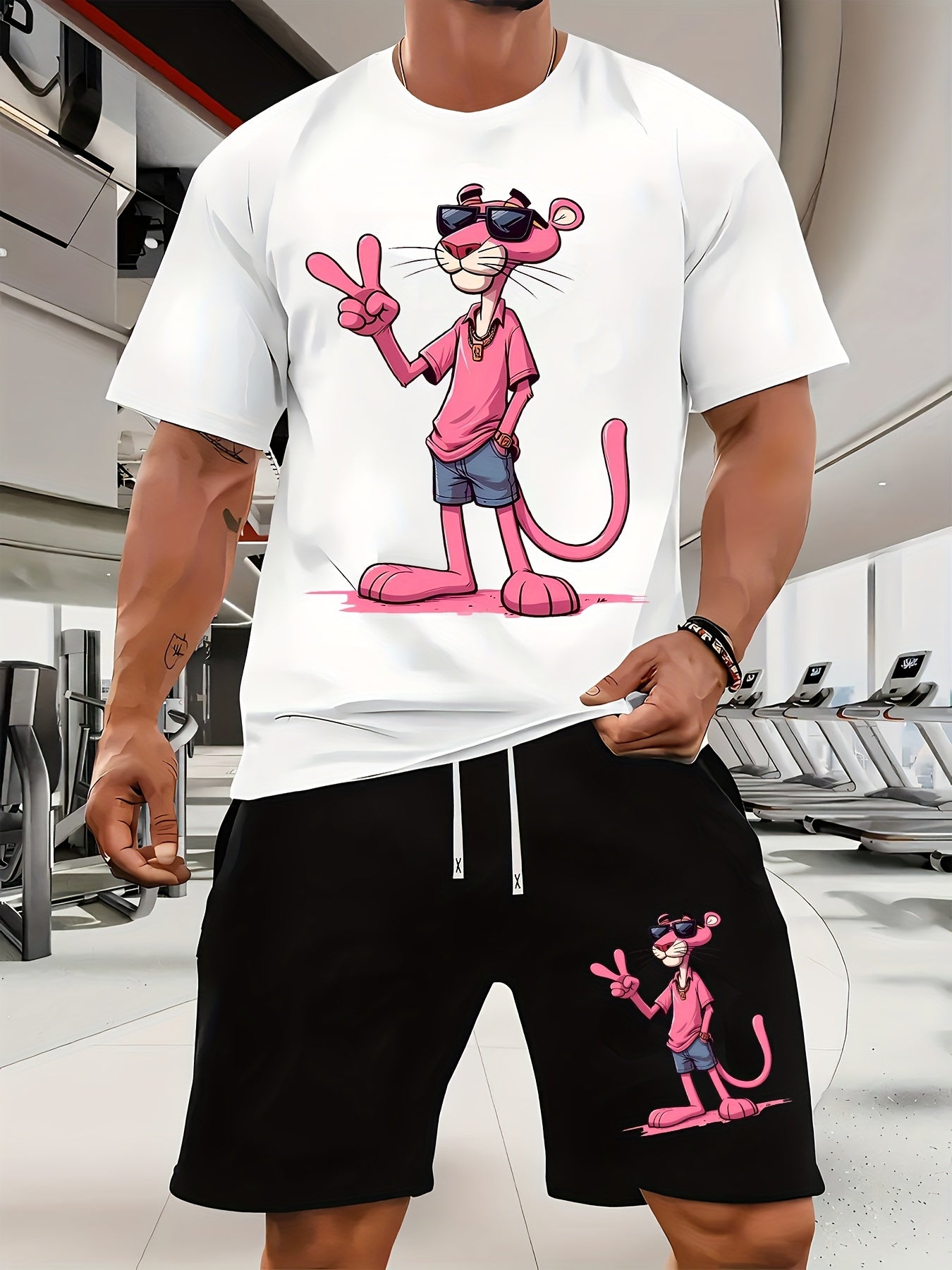 A Casual Sports Set Consisting of a Short-Sleeve T-Shirt Featuring a Stylish Pink Panther Cartoon Print And Fitted Shorts, Perfect for Spring And Summer Outfits.