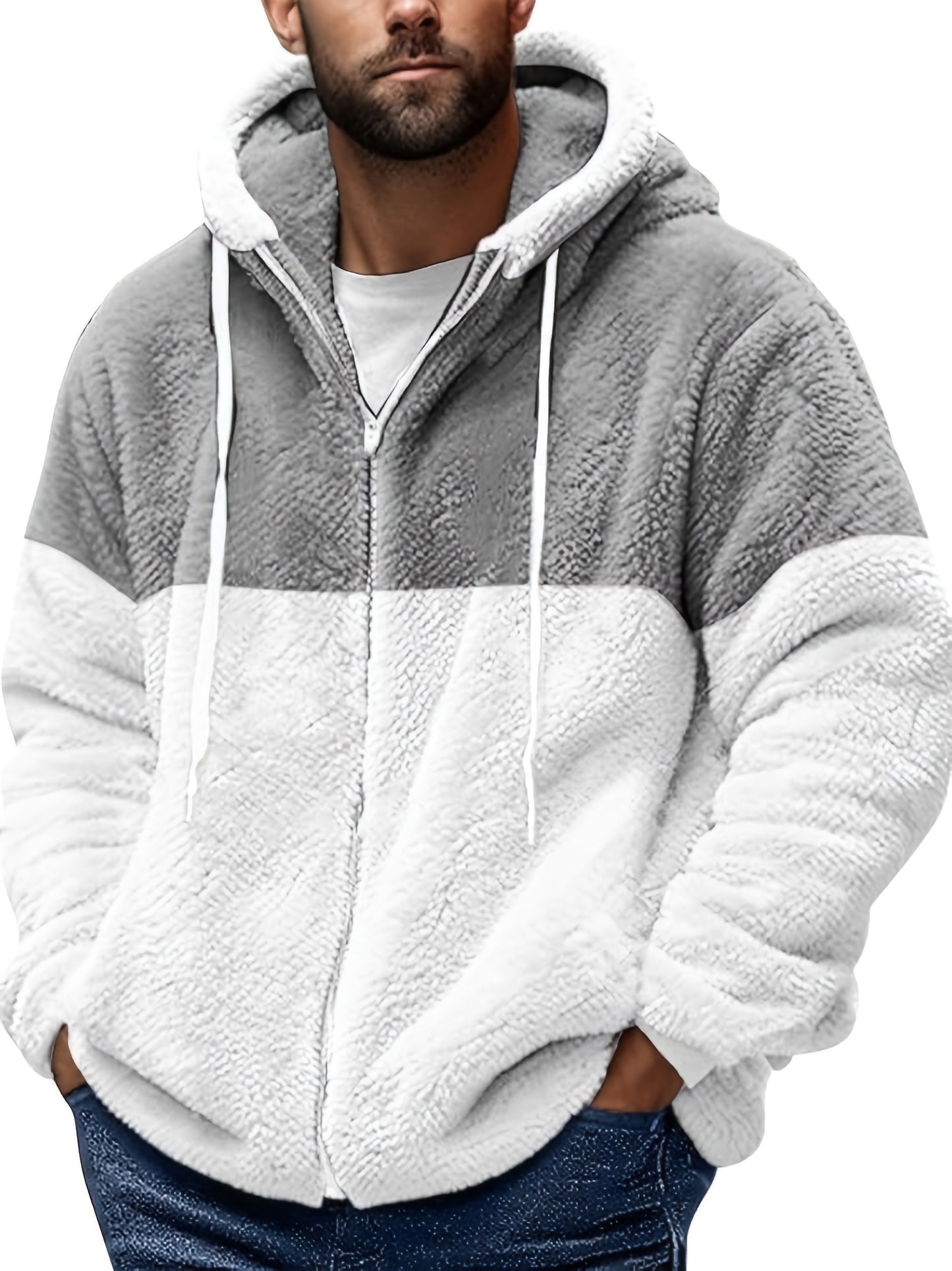 [Plus Size Fleece Hoodie] Men's Plus Size Fleece-Lined Hoodie - Casual Zip-Up Jacket with Sherpa Lining, Warm & Lightweight for Winter, PLUS SIZE