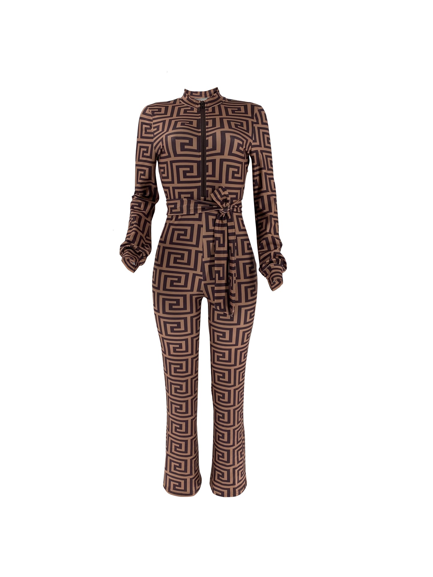 1pc Elegant Geometric-Patterned Polyester Jumpsuit for Women, Long Sleeve Stand Collar Knit Fabric One-Piece with Belt and Zipper Detail, Versatile for All Seasons