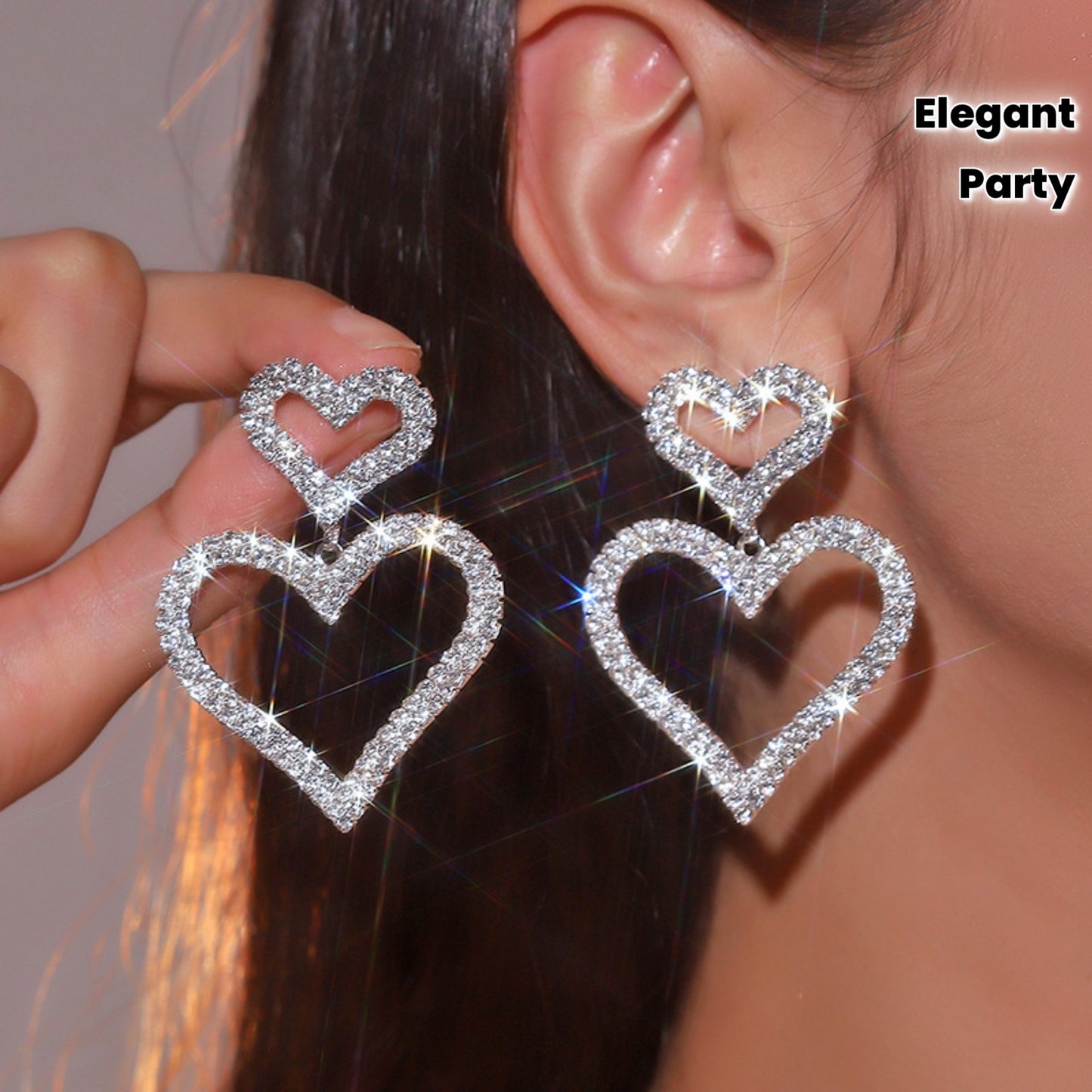 Women's Elegant Double Heart Rhinestone Dangle Earrings - Sparkling Party Jewelry for Valentine's Day, Anniversary, Birthday, Mother's Day Gift - Year-Round Glamour & Everyday to Evening Wear, Anniversary Present, Glamorous A