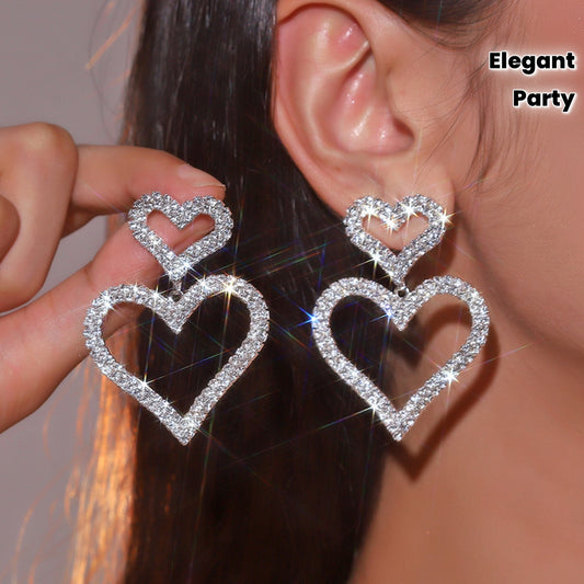 Women's Elegant Double Heart Rhinestone Dangle Earrings - Sparkling Party Jewelry for Valentine's Day, Anniversary, Birthday, Mother's Day Gift - Year-Round Glamour & Everyday to Evening Wear, Anniversary Present, Glamorous A