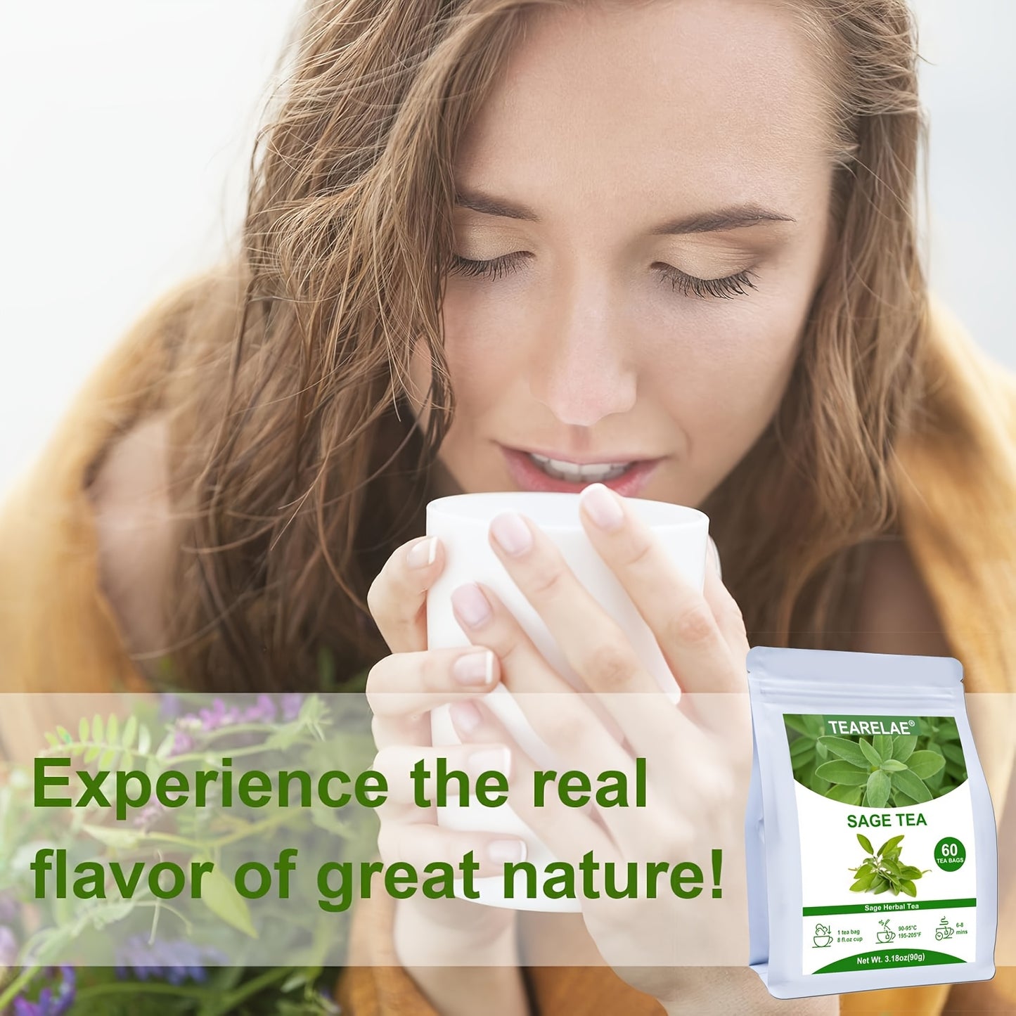 TEARELAE - Sage Tea - Caffeine-free Salvia Officinalis - Cut&Sifted Natural Sage Leaf Tea Bags - 3.18 oz (1.5g X 60 Bags)