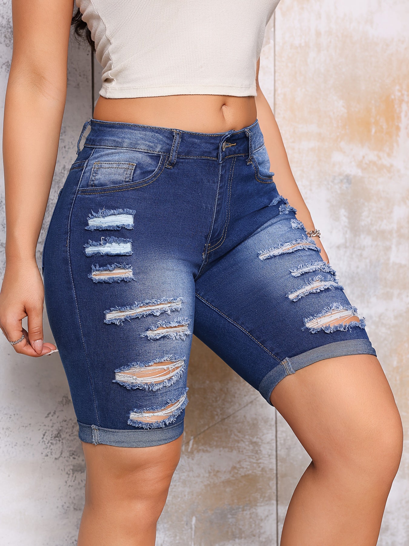 Women'S Stretchy Skinny Jeans Shorts - Non-See-Through Stretch Denim with Button Closure, Five Quarter Length for Casual & Formal Outfits - Spring/Summer Everyday Pants, Spring Fashion, Distressed Look, Comfortable Fit, Styli