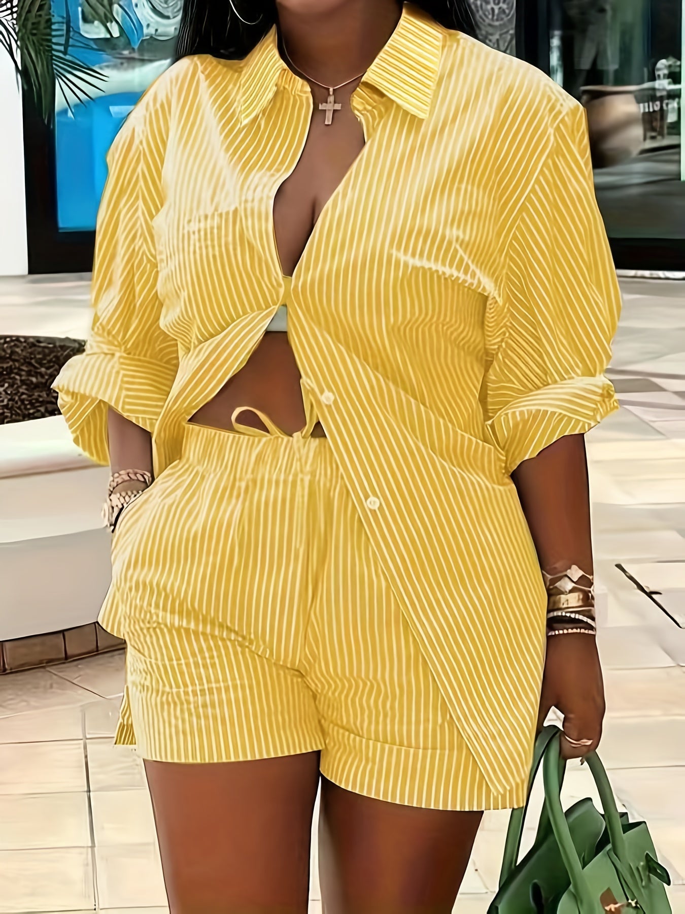 Plus Size Women's Chic Striped Print Two-Piece Set-Long Sleeve Button Shirt and Elastic Waist Shorts with Pockets, Perfect for Spring and Summer Fashion Casual Outings