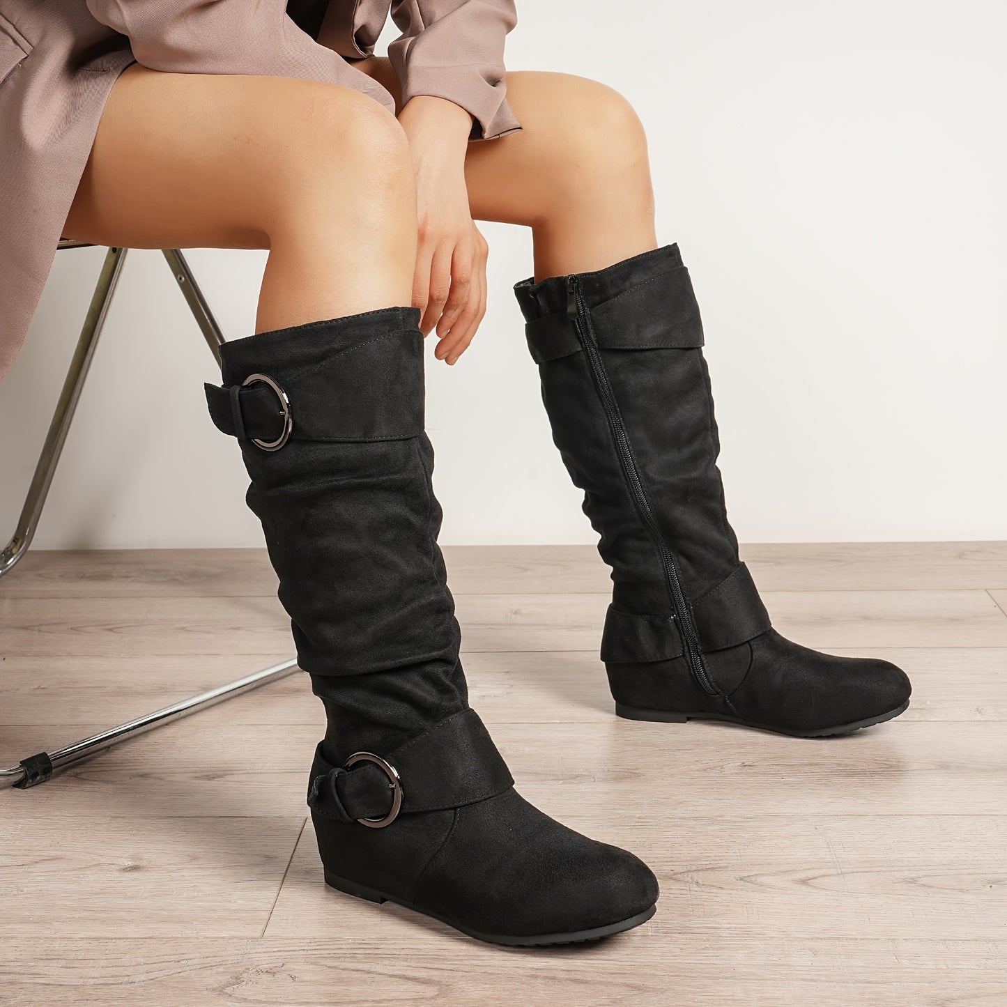 Womens Knee High Low Hidden Wedge Boots Winter Boots Suede Faux Fur Lining Side Zipper Knee High Boots Fashion Autumn Boots Knee Length Boots Comfortable, Perfect With Jeans Dresses Skirts Shorts Women's Versatile Style