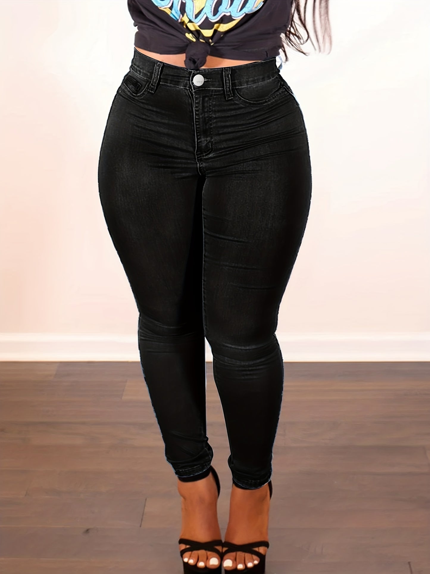 Women'S Plus Size Skinny Jeans - High-Waisted Stretchy Full-Length Denim Pants with Tummy Control, Built-In Zipper Closure & Pencil Leg - All-Season Comfort, Classic Washed Streetwear Style for Casual & Formal Outfits (Curvy-