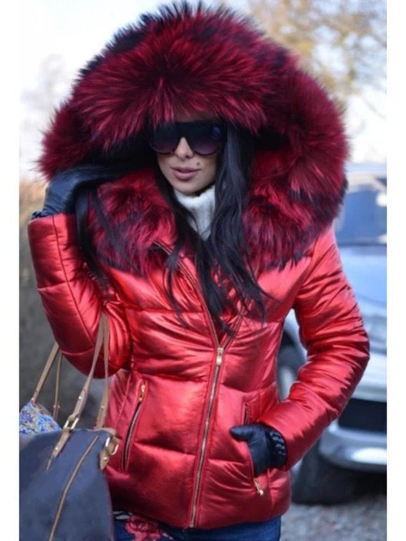 Plus Size - Plus Size - Plus Size Women'S Elegant Hooded Winter Jacket - European & American Style Warm Mid-Length Coat with Full-Zip Front Closure, Soft Pink Fur Collar & Long Sleeves, Cozy Insulated Outerwear for Fall/Winte