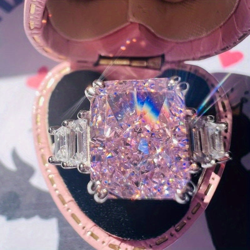 1pc Elegant Pink Cubic Synthetic Zirconia Women'S Ring - Bohemian Style Jewelry with Square Bezel Setting & -Accented Band, Pink & Clear Halo, Durable Synthetic Gemstone for Casual Attire, Valentine'S Day Gift, Anniversary, B