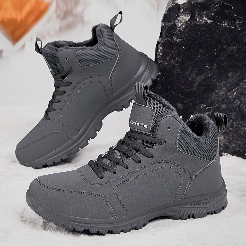 Men's Winter High-Top Sneakers - Warm & Lightweight Thermal Shoes with Fuzzy Collar, Non-Slip MD Sole & PU Upper, Lace-Up Ankle for Outdoor, Travel, Walking - Black - Ideal for Cold Weather & Snow - Casual Winter Boots for Me