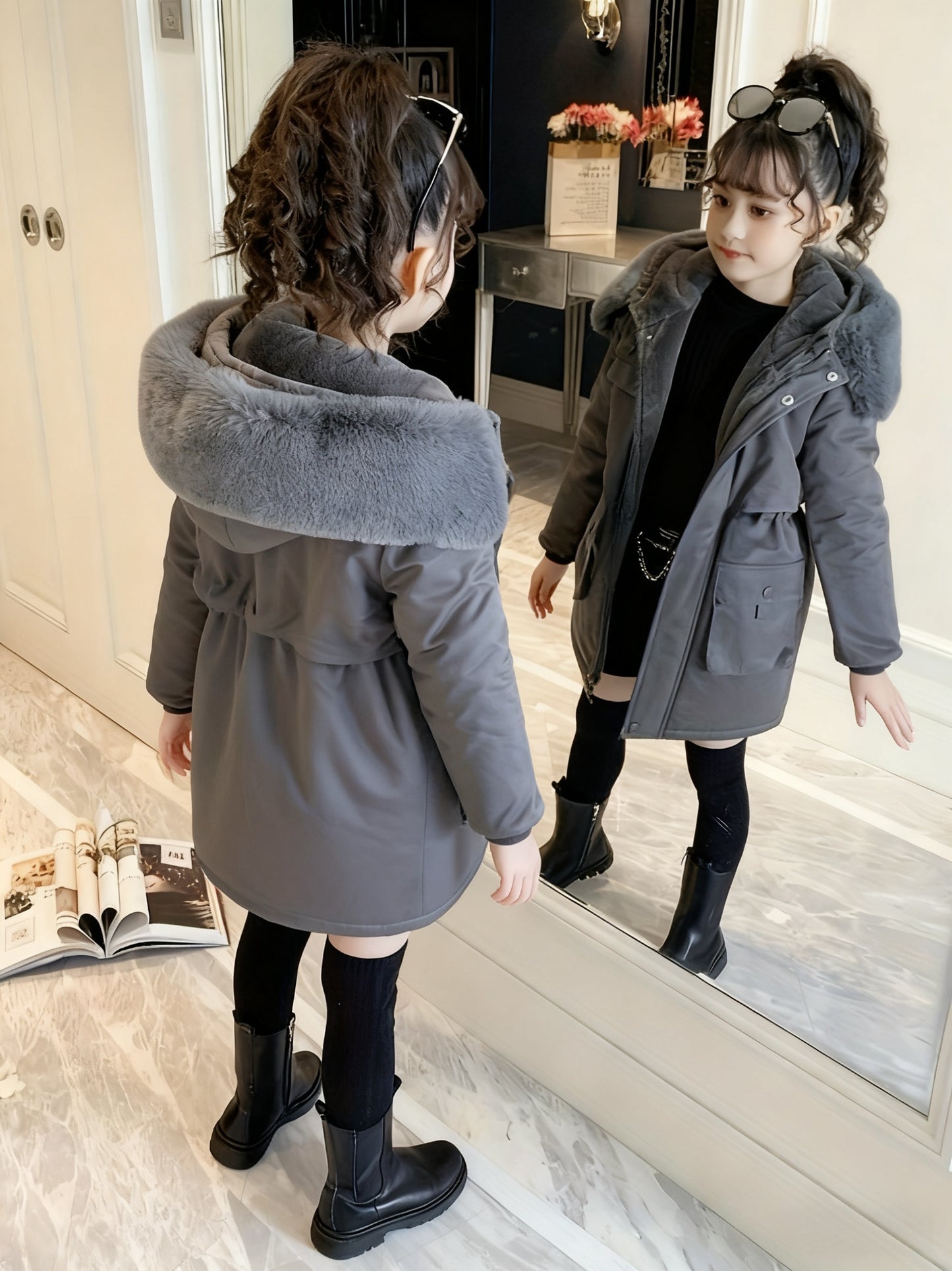 Girls' Winter Parka | 2025 New Fashion Thickened Plush Hooded Midi Coat with Zipper, Suitable for Ages 3-12