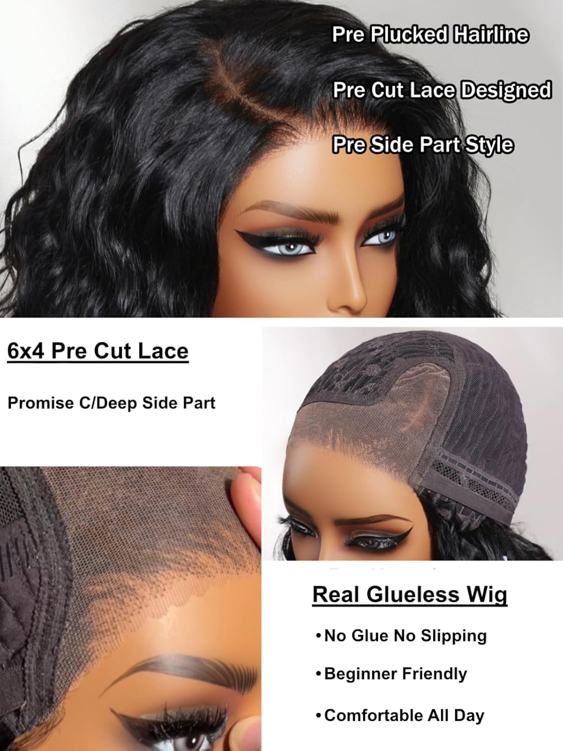 UNICE Bye Bye Slip Water Wave Bob Wig Human Hair, C Side Part 6x4 Glueless Lace Closure Wig, Pre-Plucked & Pre-Cut, 220% Density, Drawstring, Beginner Friendly for Black Women 10 Inch