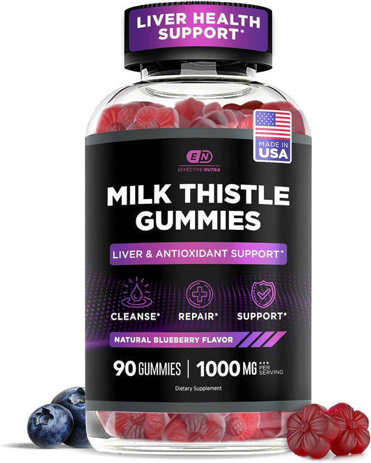Effective Nutra Milk Thistle Gummies | Sugar-Free Milk Thistle Extract 1000mg for Liver Detox & Antioxidant Support | Vegan, Gluten-Free| 45-Day Supply, Natural Berry Flavor, Made in USA (90 Count)