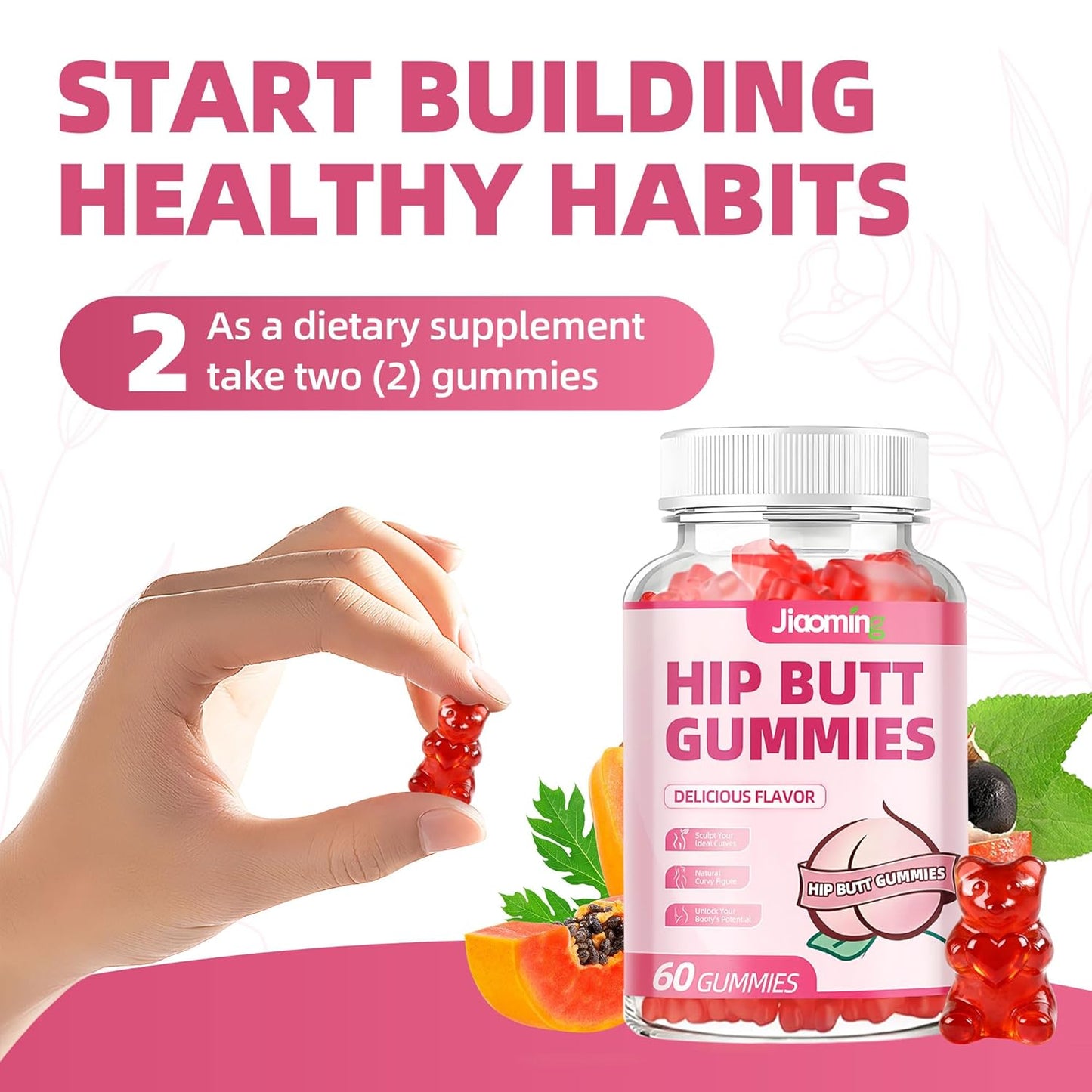 Jiaoming 60 Counts Hip Butt Gummies Women BBL Booty Bigger Fast,Buttocks Enhancer Body Firmer Curvy Growth Enhancement, Maca Extracts Natural Herbal Gummy Candy