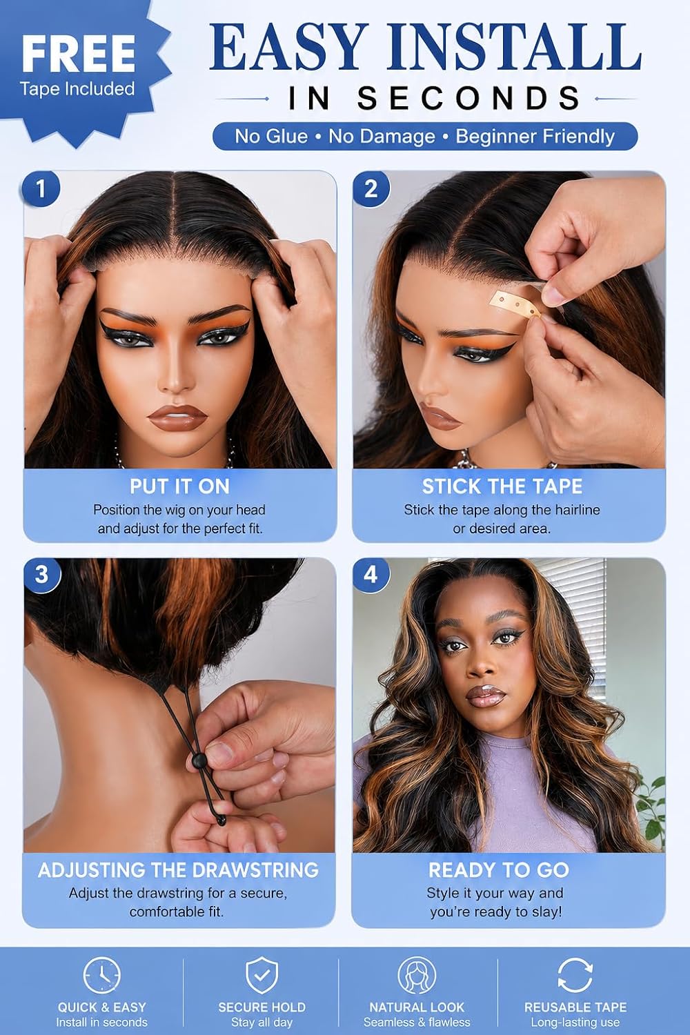7x6 Body Wave Wig 1B/30 Balayage Wig Human Hair 18 Inch | 100% human hair, pre-plucked & pre-cut, Glueless Wear & Go. Adjustable drawstring, Brown Highlight,180% density. Silky & soft